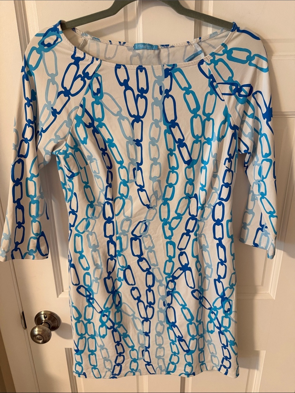 J. McLaughlin Gisele Catalina Cloth Shift Dress Blue Chain Link Print Size Small